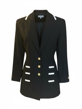 Structured Classic Black Blazer with White Trim and Gold Buttons - Small